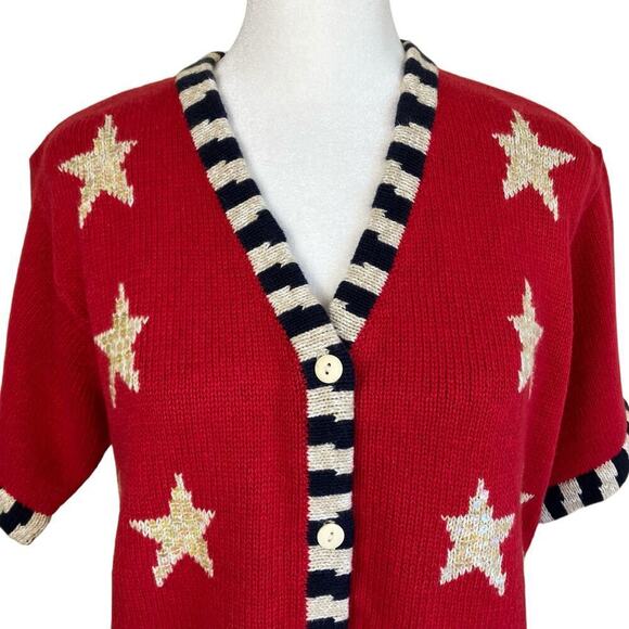 Quacker Factory Vtg USA Flag Short Sleeve Sweater Cardigan Sequins Stars Sz S - Picture 7 of 15